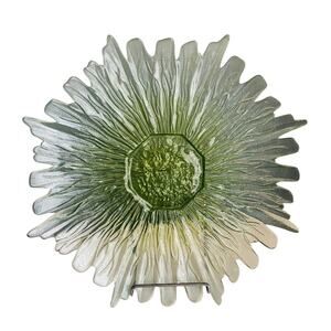 17” Green Sunflower Platter Hand Blown Art Glass Large Serving Tray Heavy Flower